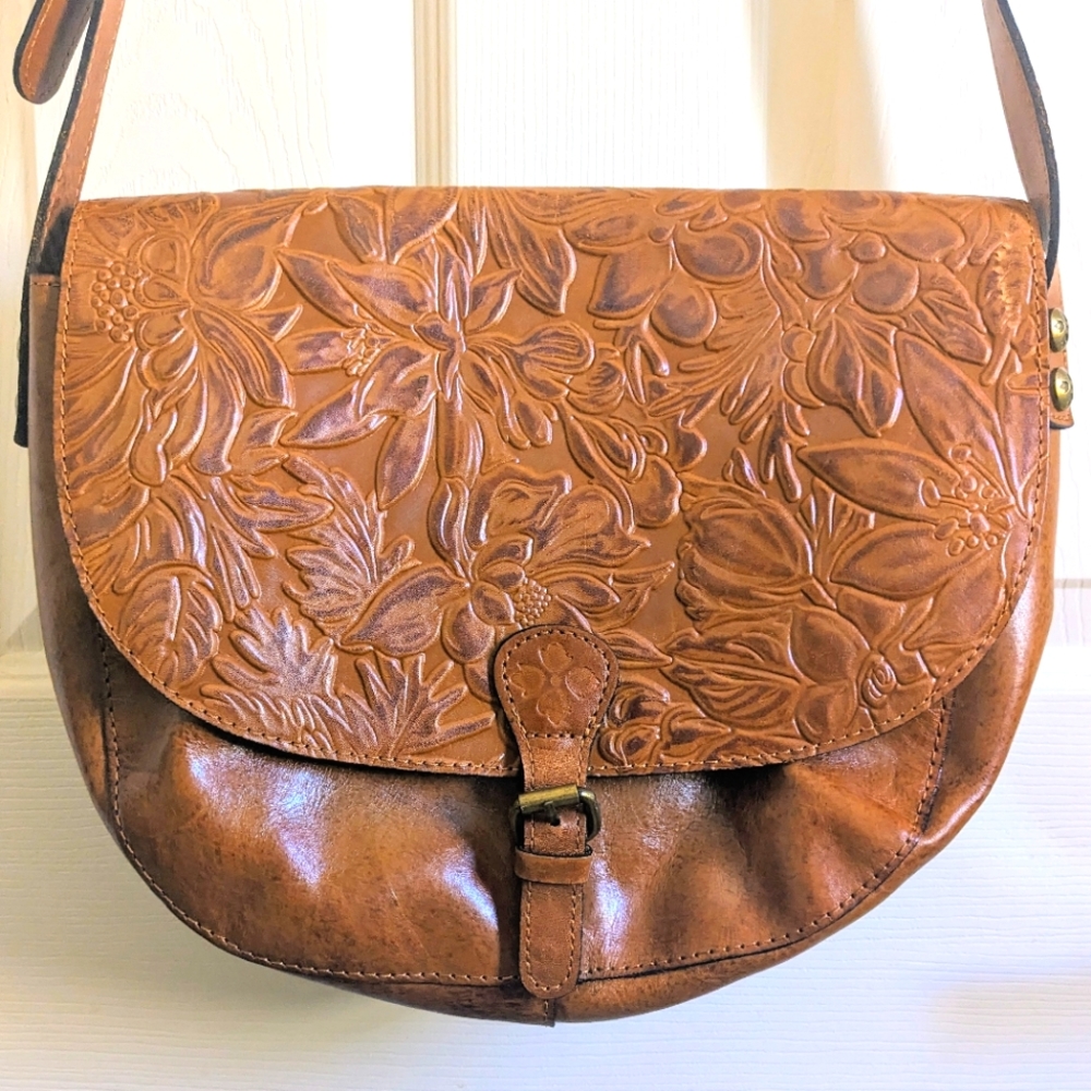 Patricia Nash XL Rosolini Tooled Leather Saddle Bag Satchel